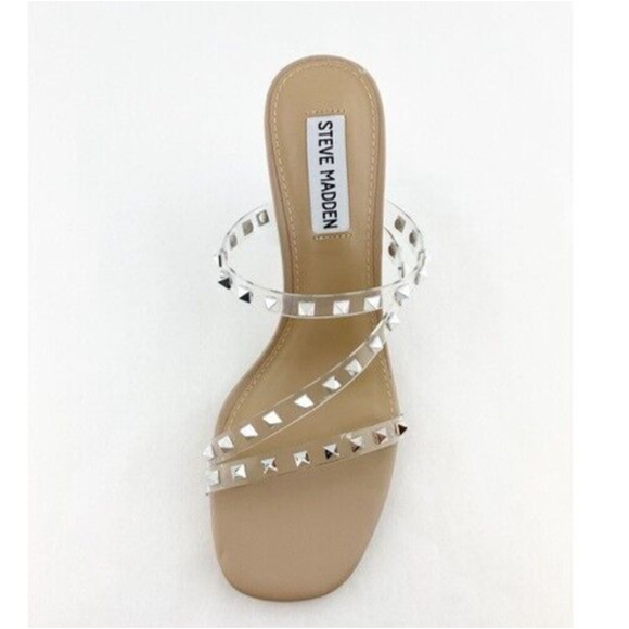 Steve Madden Nude Lucite Tangent Cone Heel Clear Silver Studded Strappy Sandal 9 - Picture 1 of 16